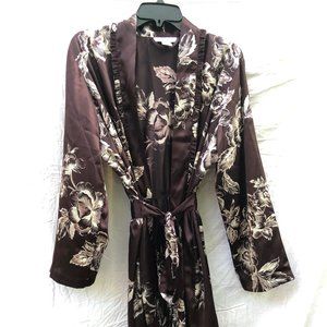 Morgan Taylor Brown Silky Kimono Sz L Floral Robe